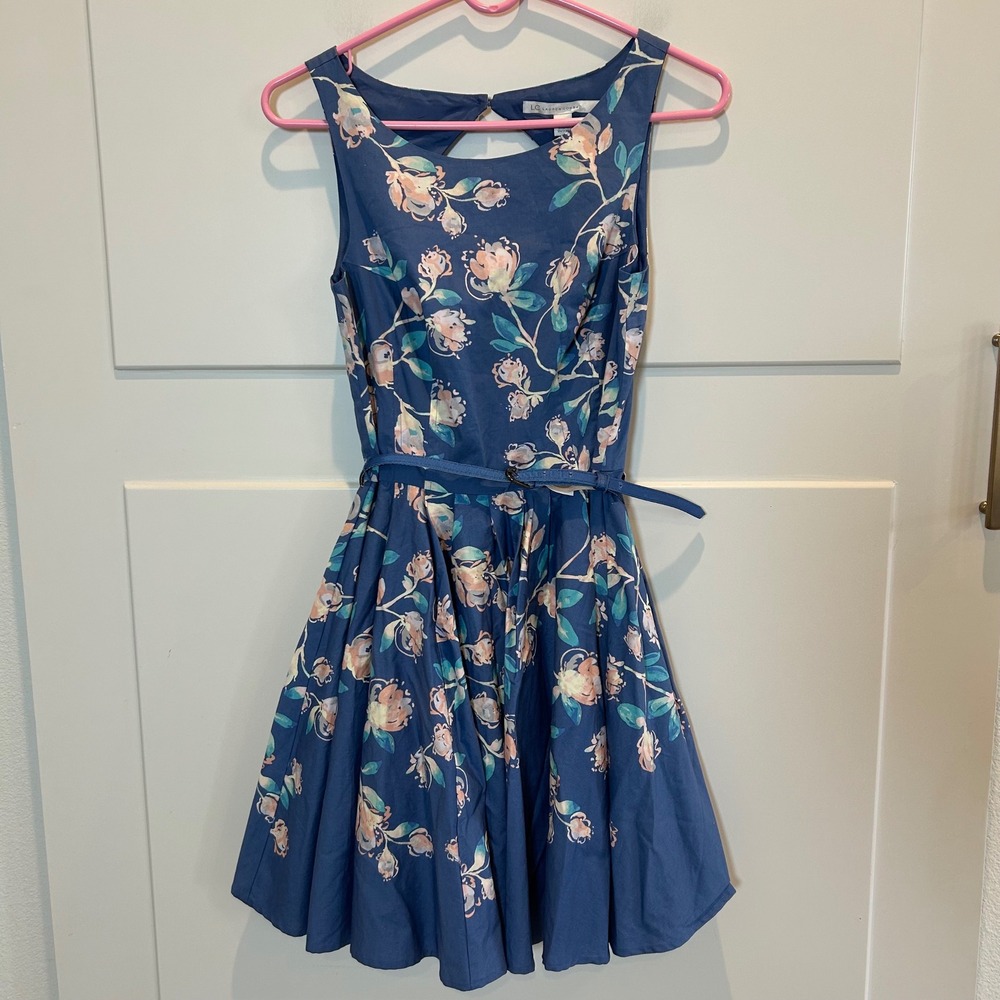 Lauren Conrad Blue Floral Fit Flare Dress with Belt Size 2 Feminine Garden